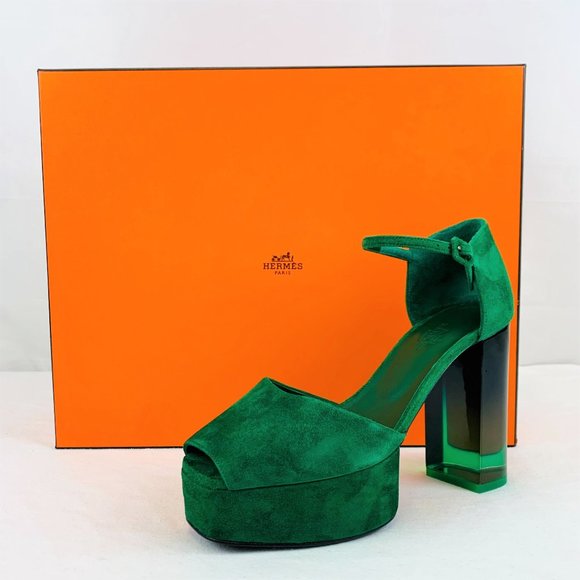Hermes Shoes - New In Box Hermes Fever 70 Sandal Green Suede Heels Women's EU 37